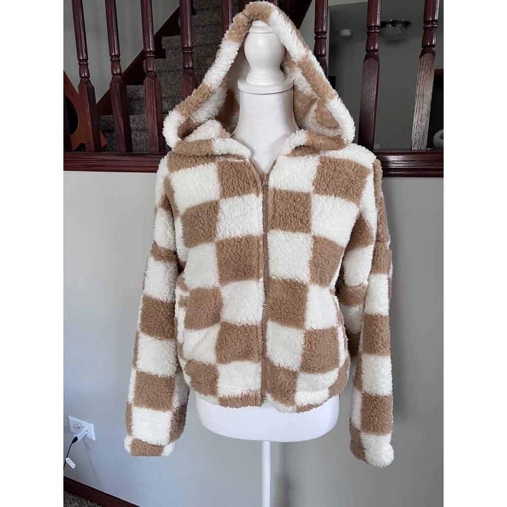 Wild Rose Los Angeles Tan White Checkered Sherpa Fleece Full Zip Hoodie Jacket M